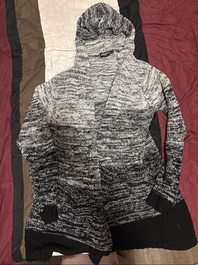 Women’s Hooded Marled Open-Front Cardigan Sweater - Black/White